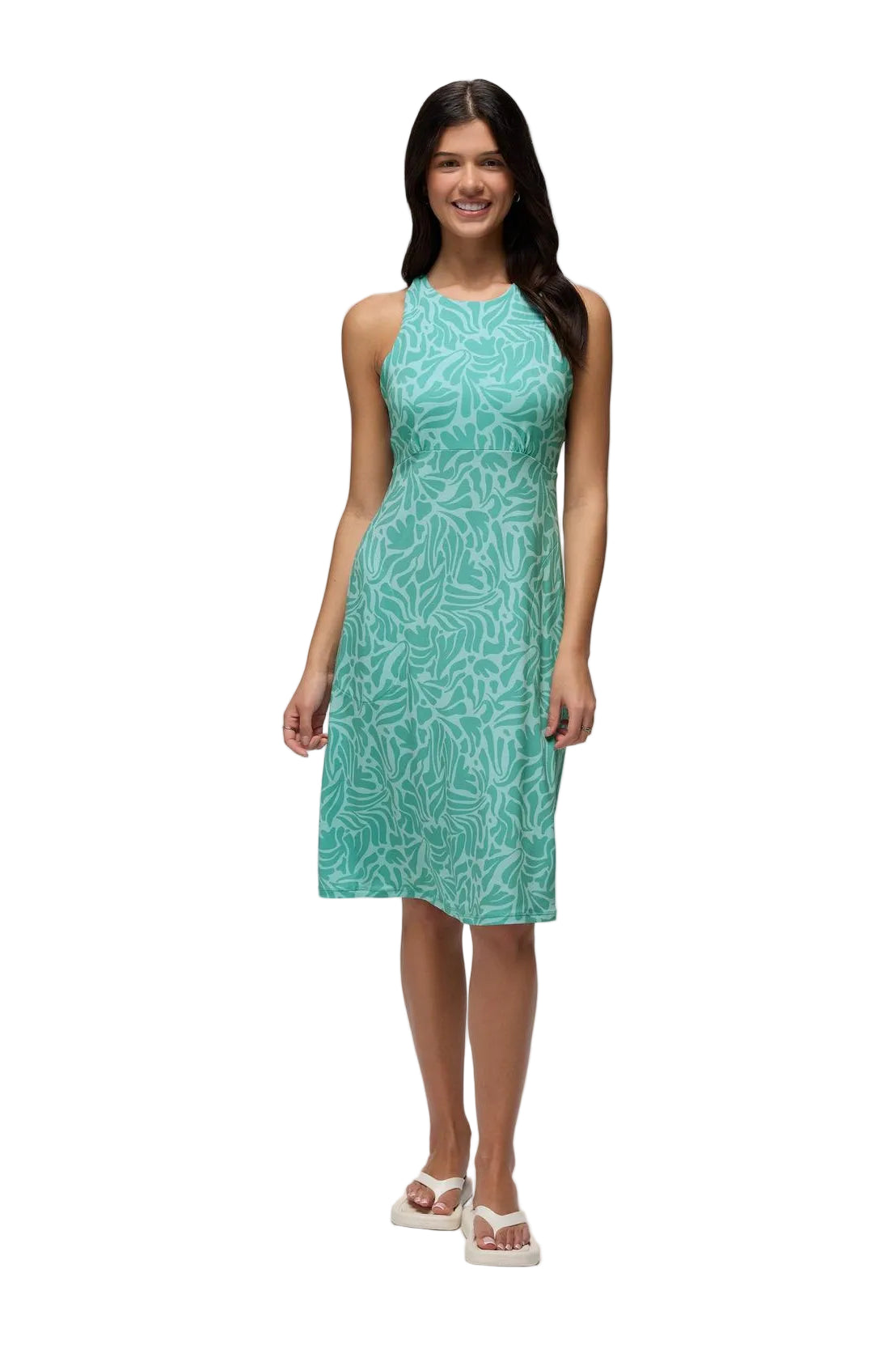 Prana Jewel Lake Summer Dress in Sea Glass Seaweed aqua leaf print, sleeveless high-neck midi, front view