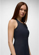 Prana Jewel Lake Summer Dress in dark Shadow Linea textured print, close-up of the high neckline