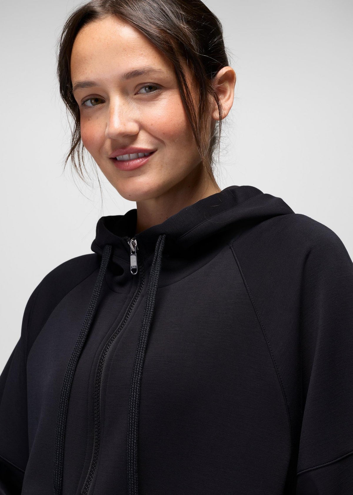 prAna Shea Soft Full Zip in Black, close-up detail