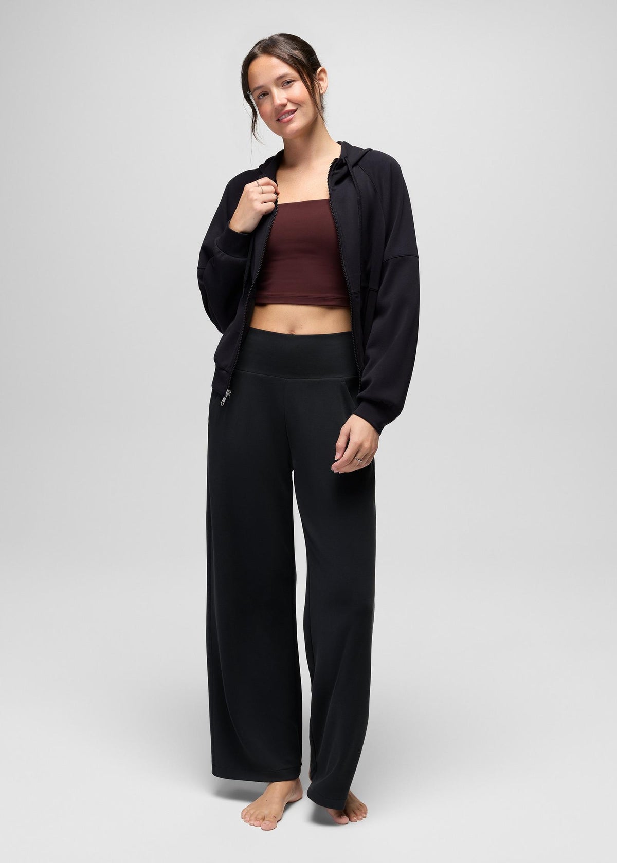 prAna Shea Soft Full Zip in Black, full-length view