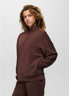 prAna Shea Soft Relaxed Half Zip in cacao brown, front view worn with the matching Shea Soft Wide Leg Pant