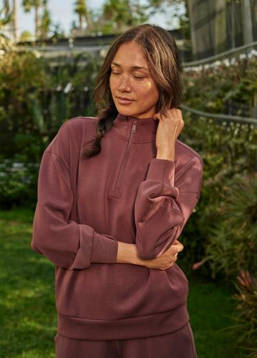 prAna Shea Soft Relaxed Half Zip in cacao brown, relaxed half-zip pullover with stand collar, styled outdoors