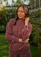 prAna Shea Soft Relaxed Half Zip in cacao brown, relaxed half-zip pullover with stand collar, styled outdoors