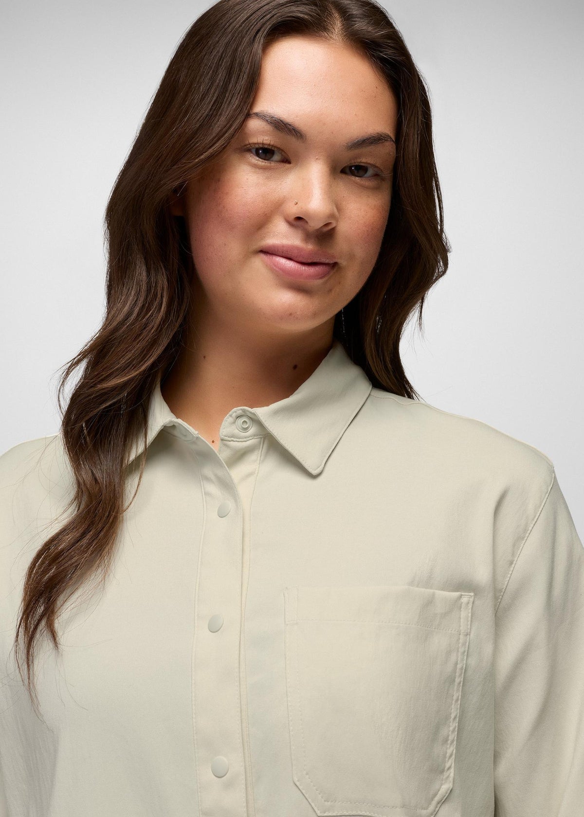 prAna Stretch Zion Long Sleeve Button Up in Beach Pebble, close-up detail