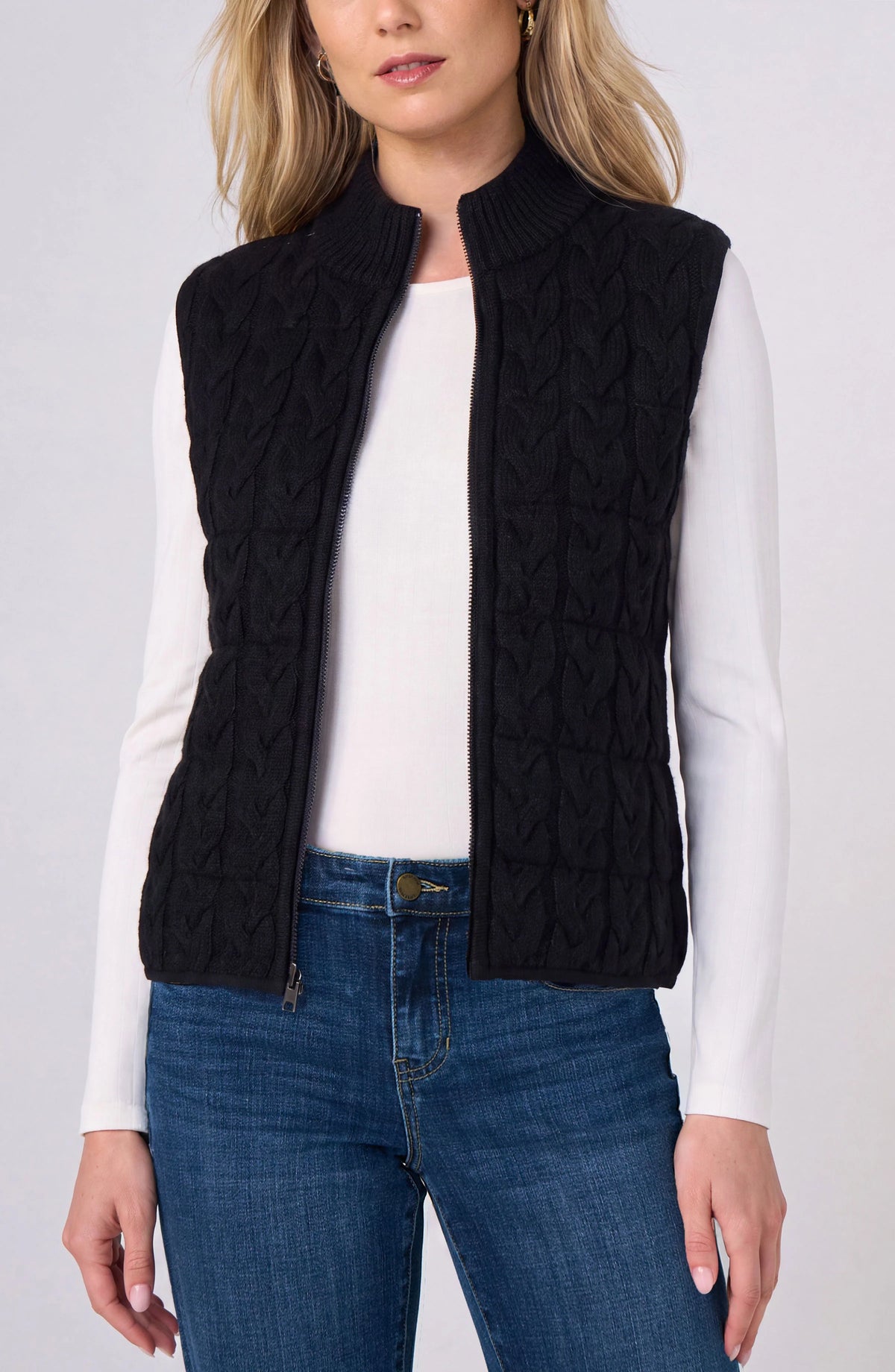 Reversible Zip-Front Quilted Sweater Vest in Black, cable-knit side, front view