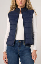 Reversible Zip-Front Quilted Sweater Vest in Navy, quilted puffer side, front view