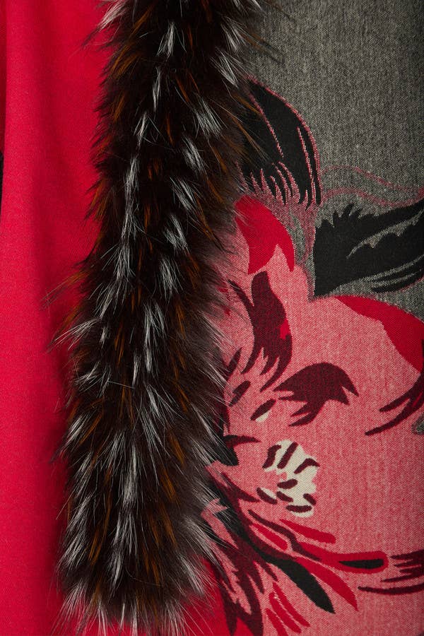 Close-up of the faux fur trim on the red Bloom scarf