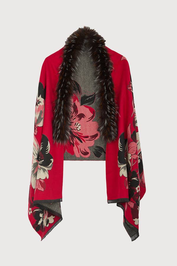 Red Bloom scarf styled open over a sweater