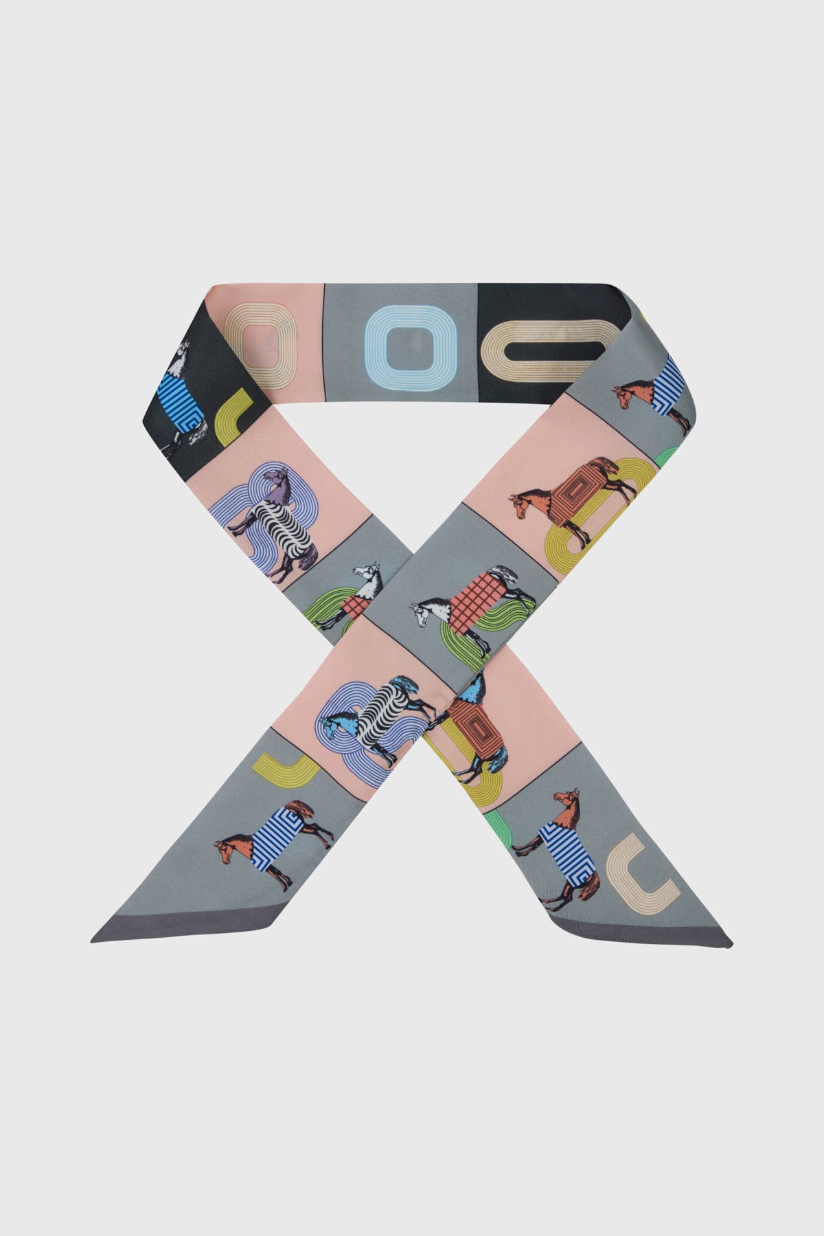 Grey and blue equestrian print skinny scarf
