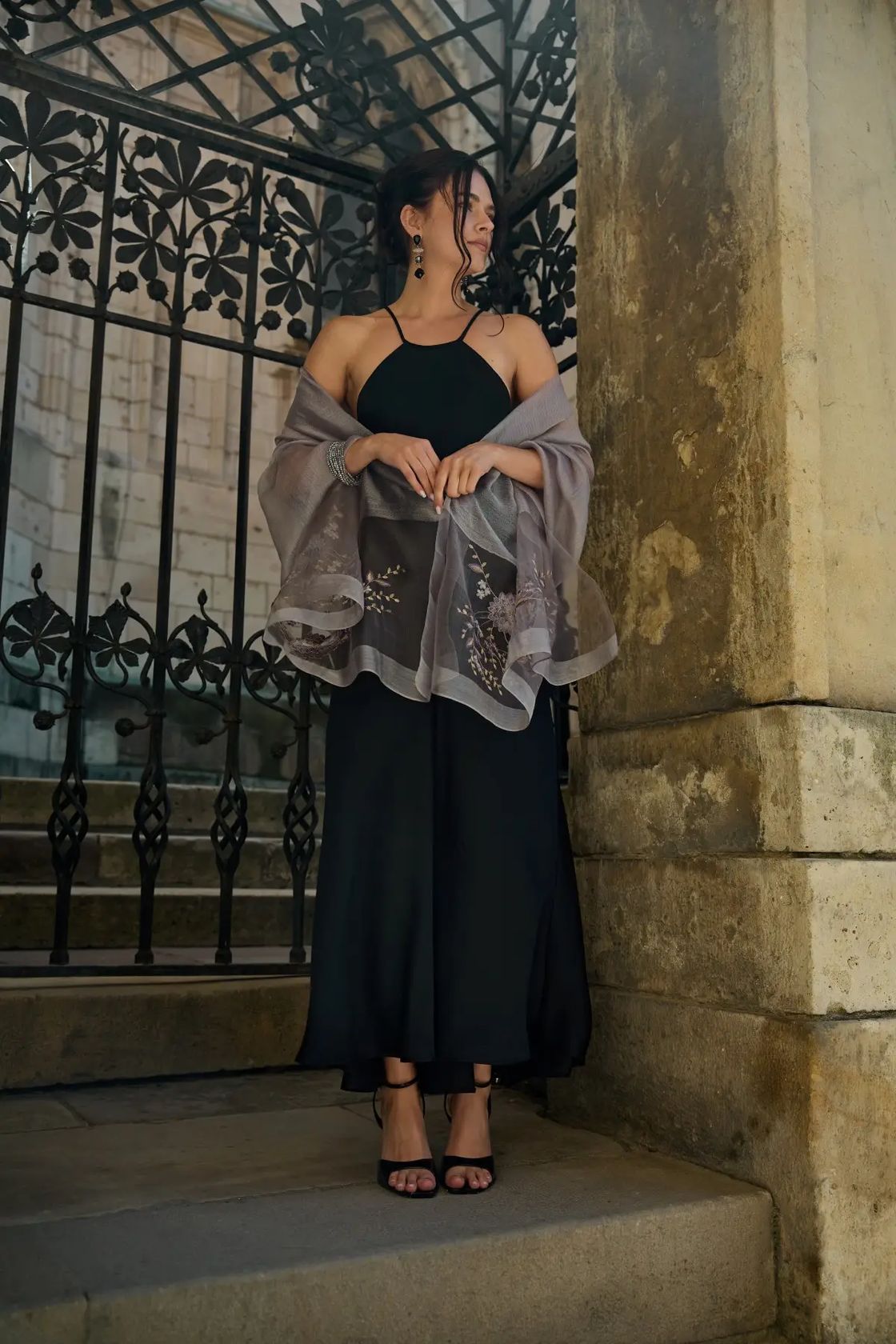 Grey floral embroidered sheer scarf, product photo