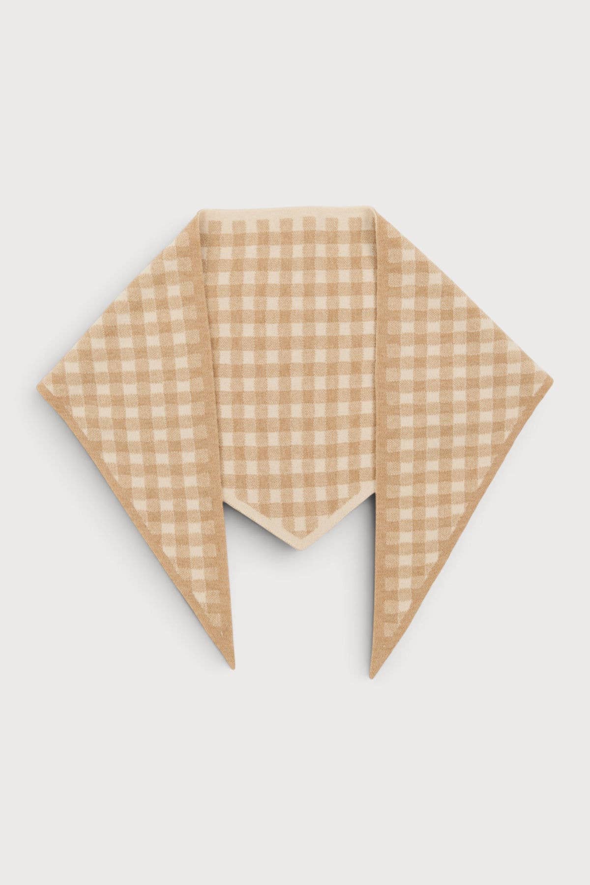 Beige gingham knit triangle wrap laid flat