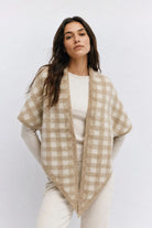 Beige gingham knit triangle wrap, product photo