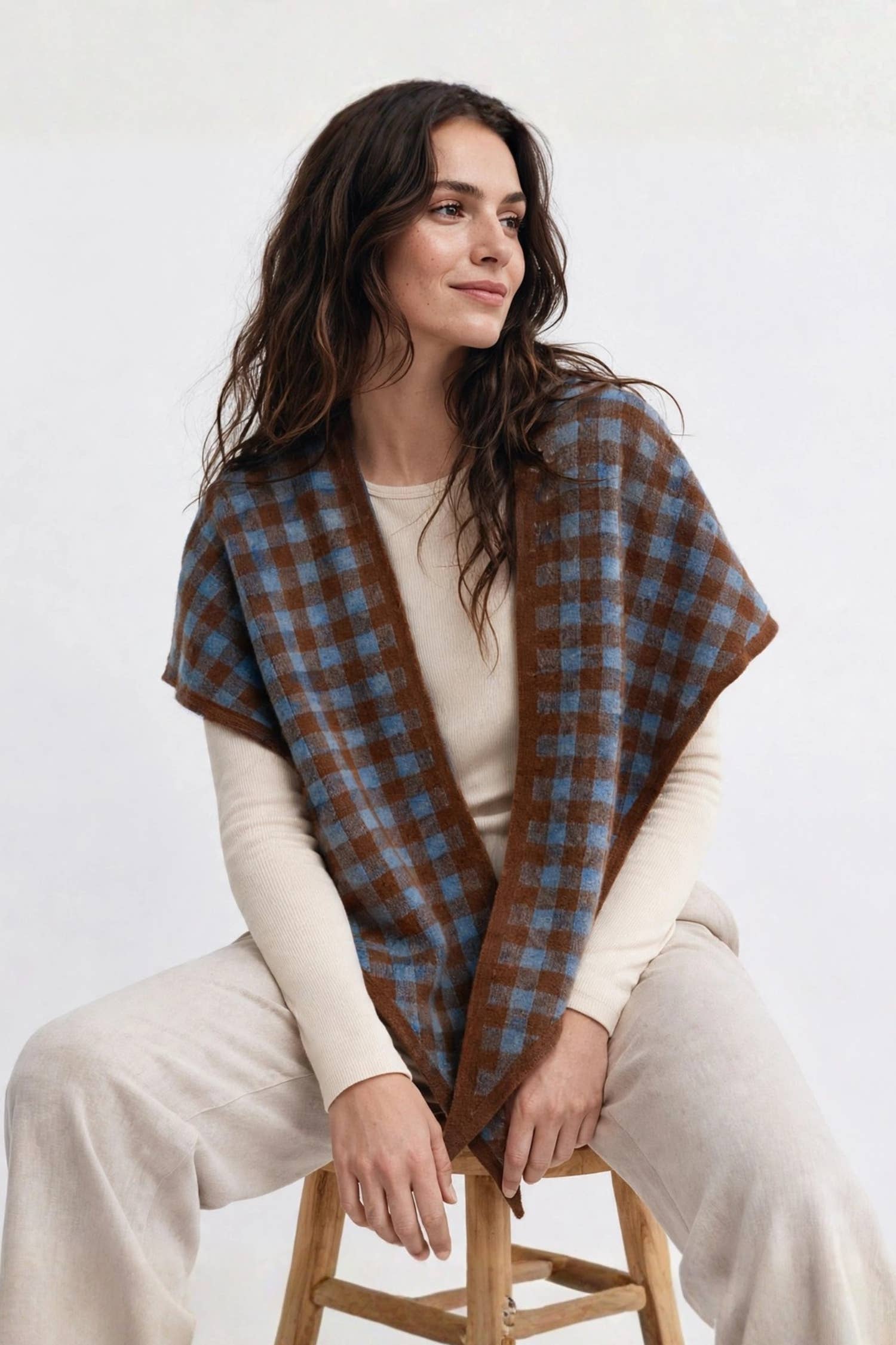 Sea blue gingham knit triangle wrap