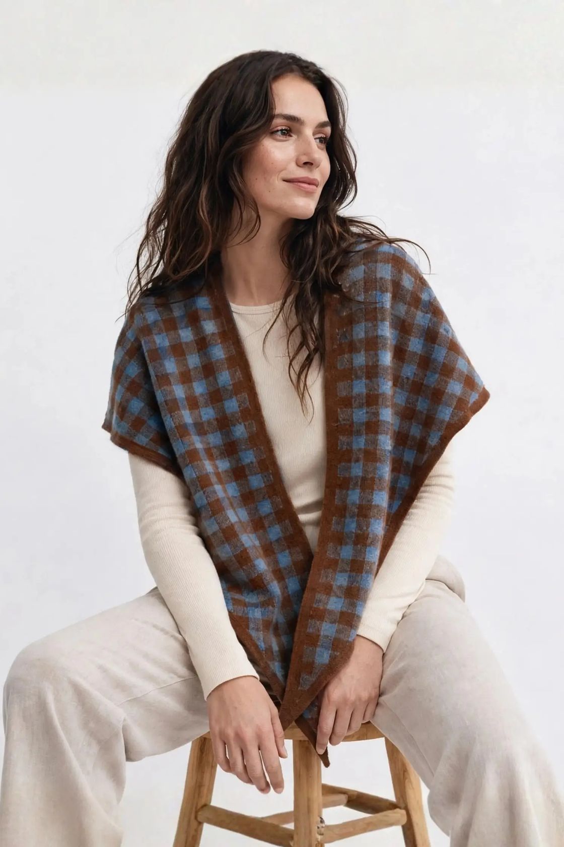 Sea blue gingham knit triangle wrap, product photo