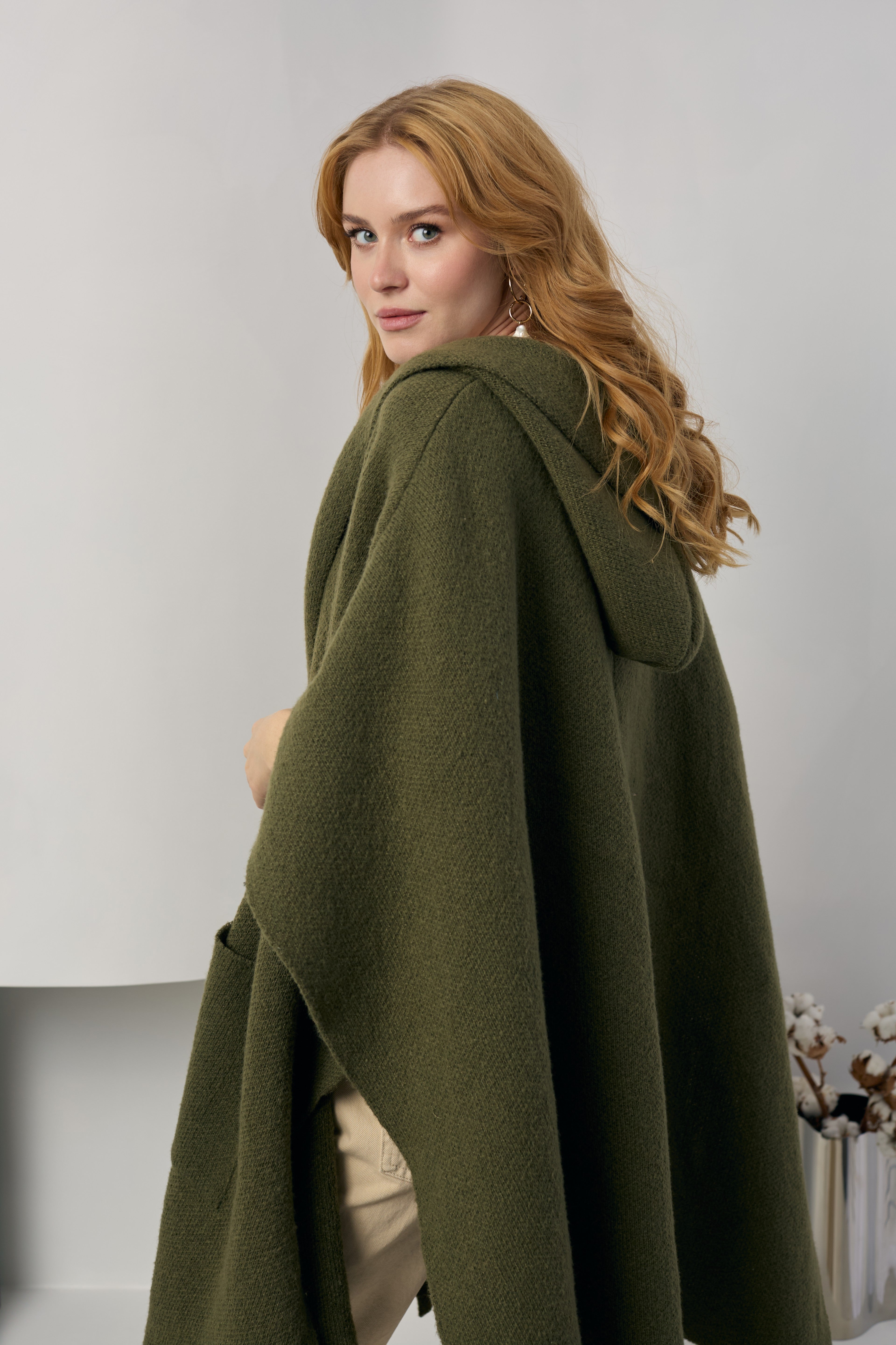 Back view of the olive hooded kimono