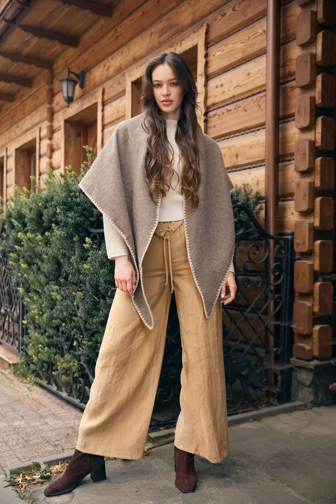 Taupe knitted triangle shawl, product photo