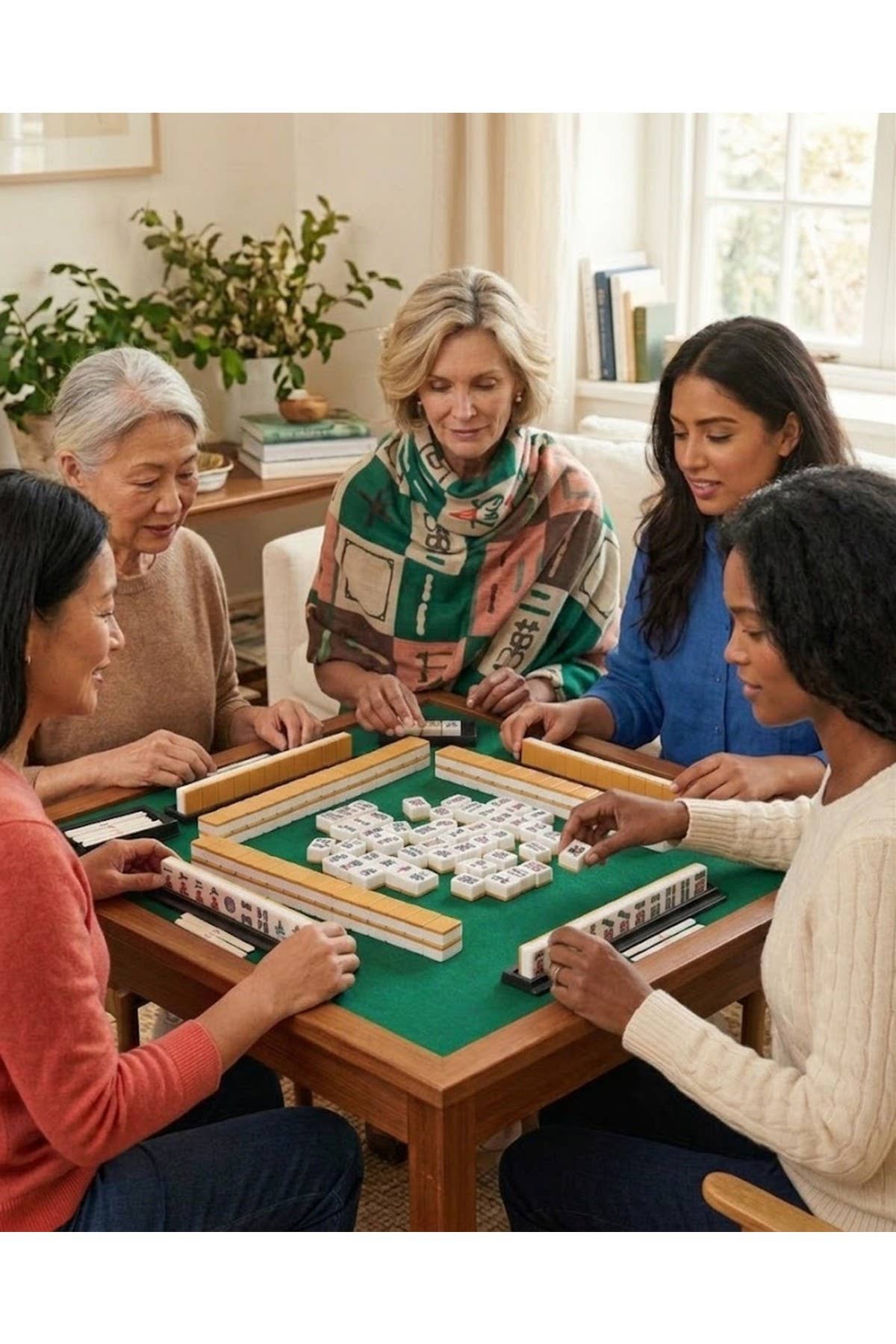 Friends at a mahjong table wearing the Mahjong scarf
