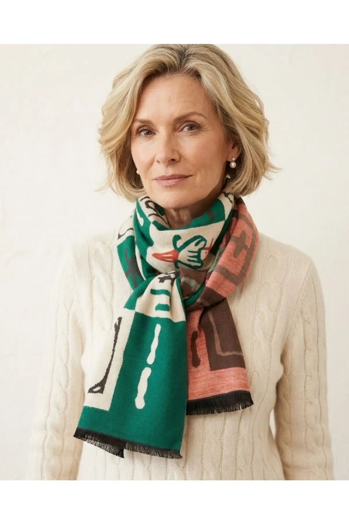 Mahjong reversible scarf in emerald, blush, and cream, product photo