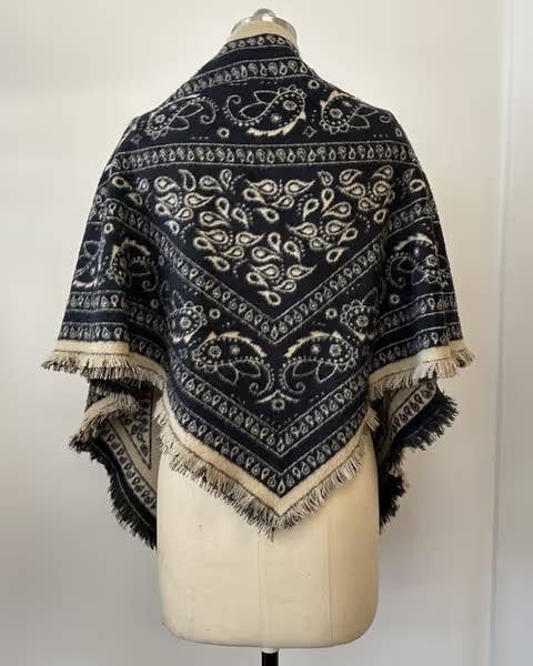 Navy paisley fringe triangle scarf laid flat