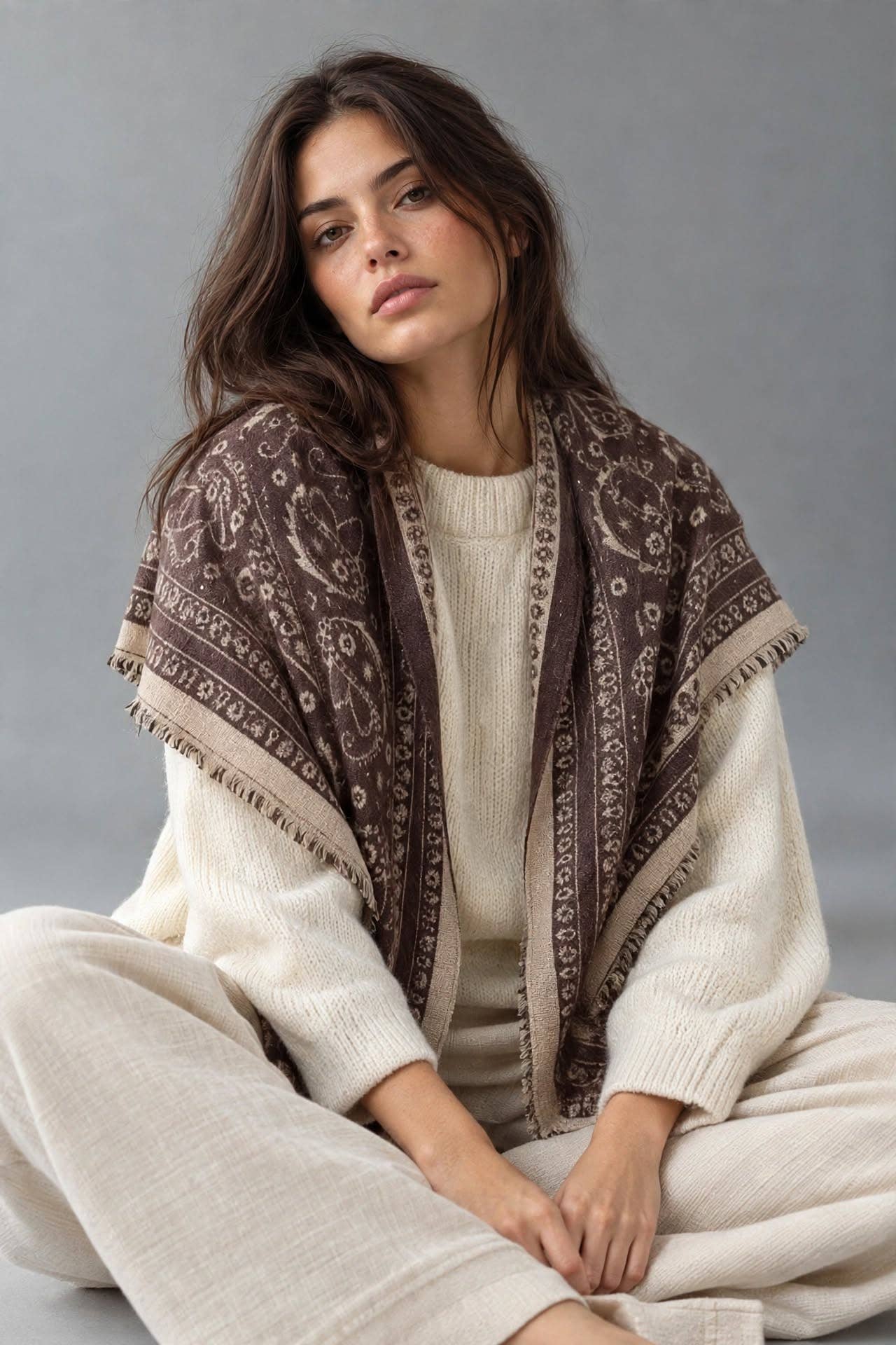 Woman wearing the navy paisley fringe scarf