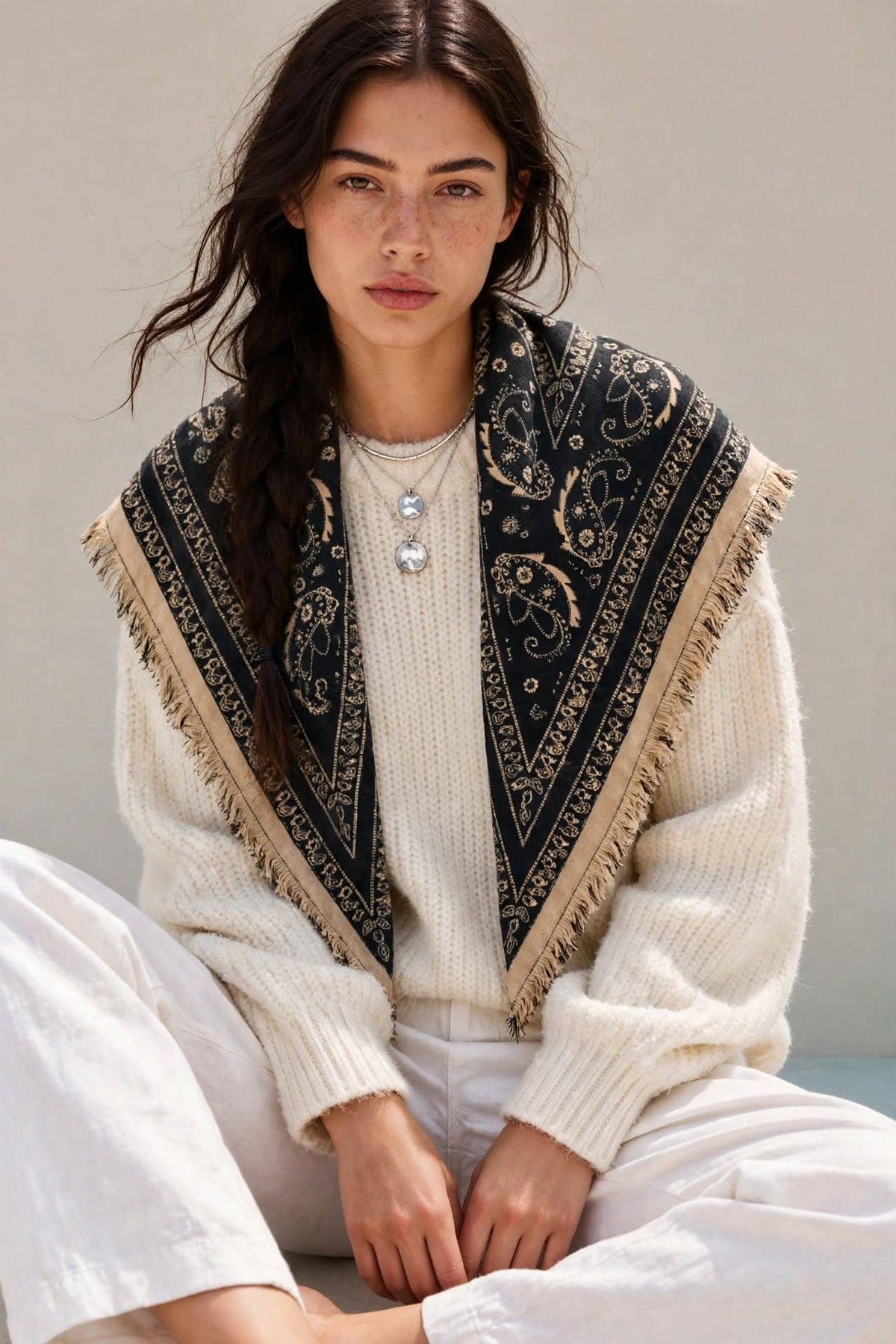 Navy paisley fringe scarf worn over a cream sweater