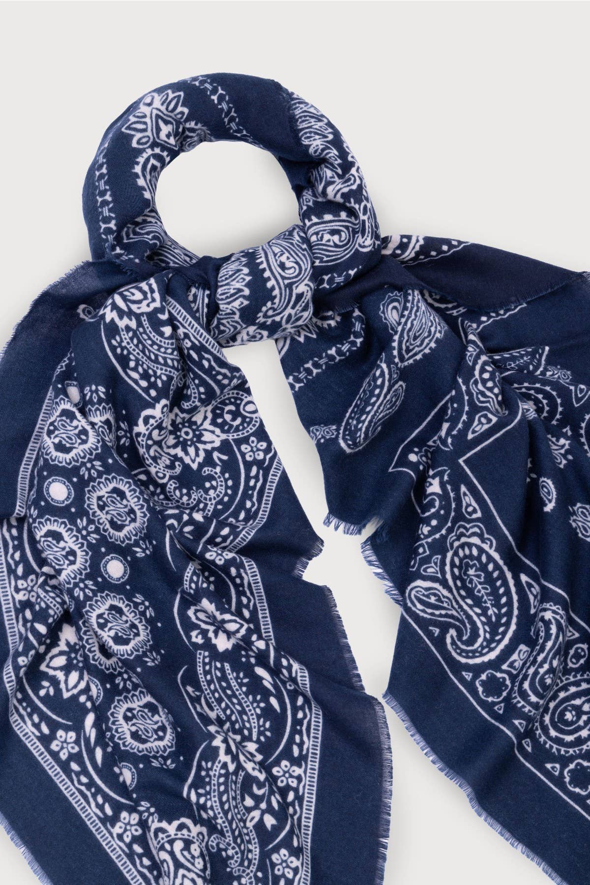 Navy paisley oversized scarf draped
