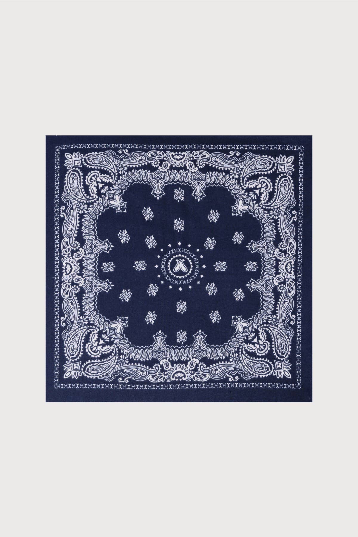 Navy bandana paisley print scarf laid flat