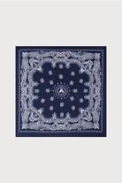 Navy bandana paisley print scarf laid flat