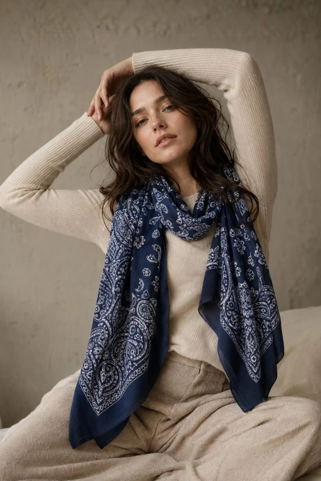 Navy paisley print oversized scarf, product photo