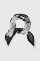 Black rose print pleated bandana tied at the neck