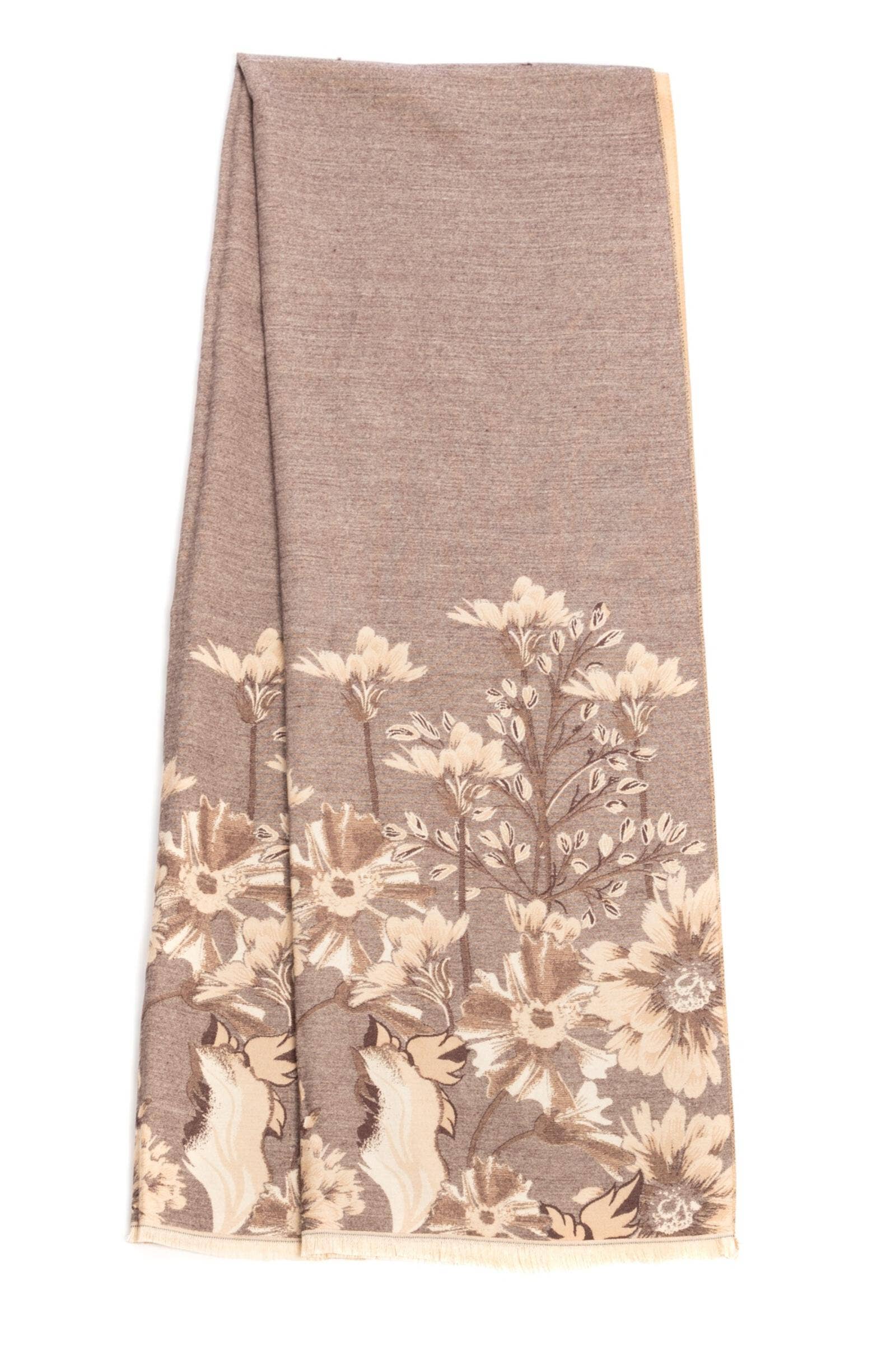 Taupe and pink wildflower scarf laid flat