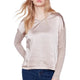 Satin and Jersey V-Neck Knit Top in Almond – Front View
