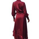 Satin Ruffled Midi Wrap Dress in Sangria – Back View