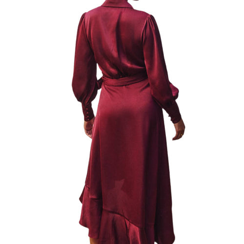 Satin Ruffled Midi Wrap Dress in Sangria – Back View