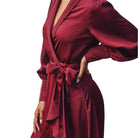Satin Ruffled Midi Wrap Dress in Sangria – Fabric Detail