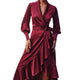 Satin Ruffled Midi Wrap Dress in Sangria – Front View