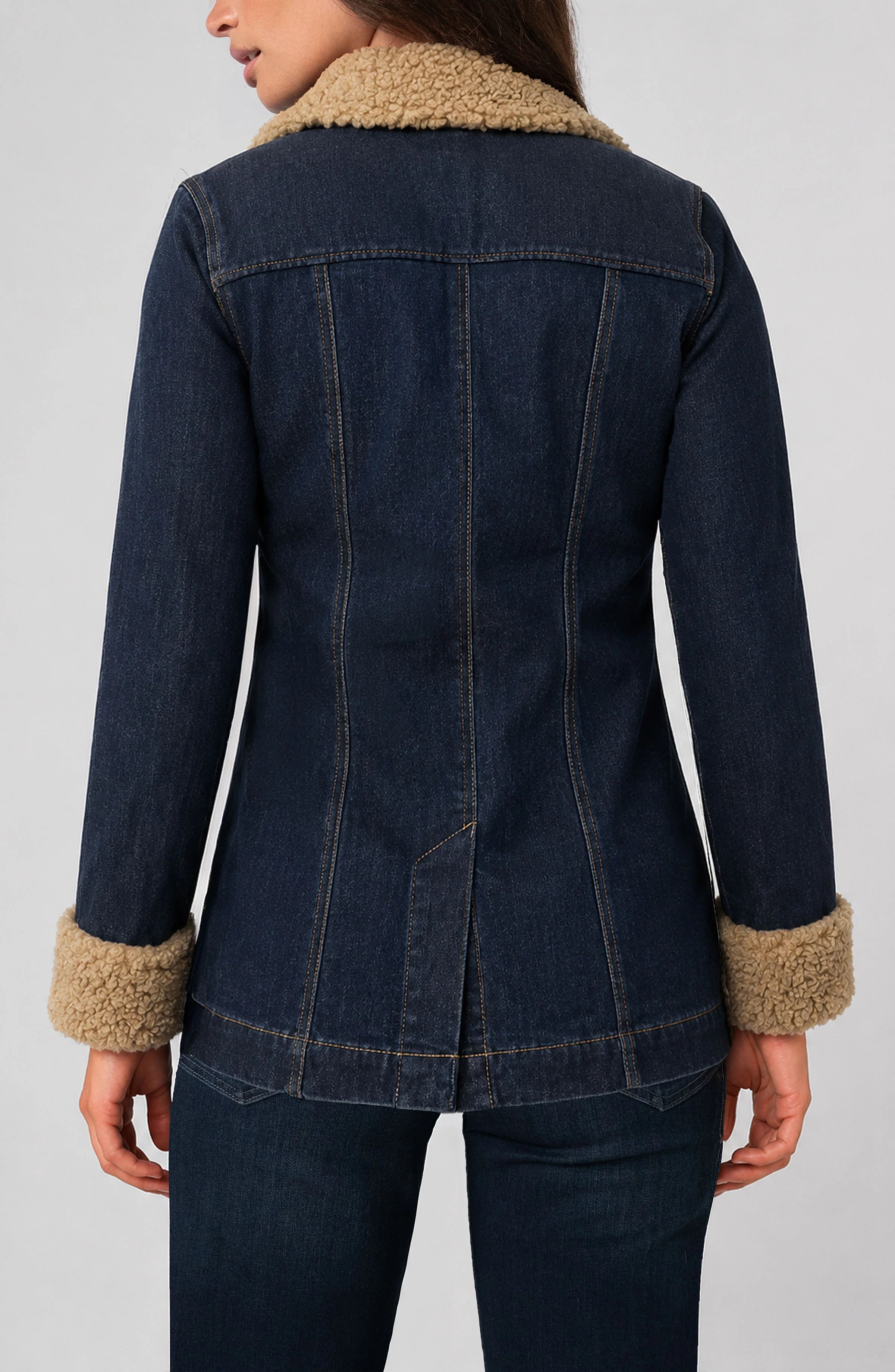 Back view of the Sherpa Trimmed Notch Collar Jacket in Rinse Wash Denim, showing structured seaming and sherpa-lined collar