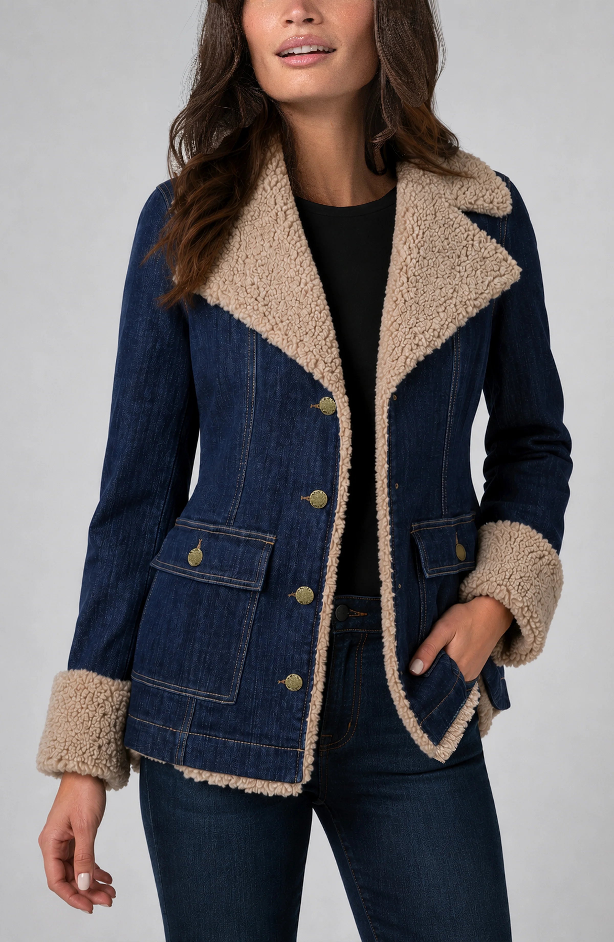Sherpa Trimmed Notch Collar Jacket in Rinse Wash Denim, front view showing sherpa collar and cuffs