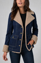 Sherpa Trimmed Notch Collar Jacket in Rinse Wash Denim, front view showing sherpa collar and cuffs