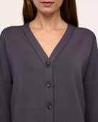 Close-up of the V-neckline and buttons on the SPANX AirEssentials Cardigan in Dark Slate gray