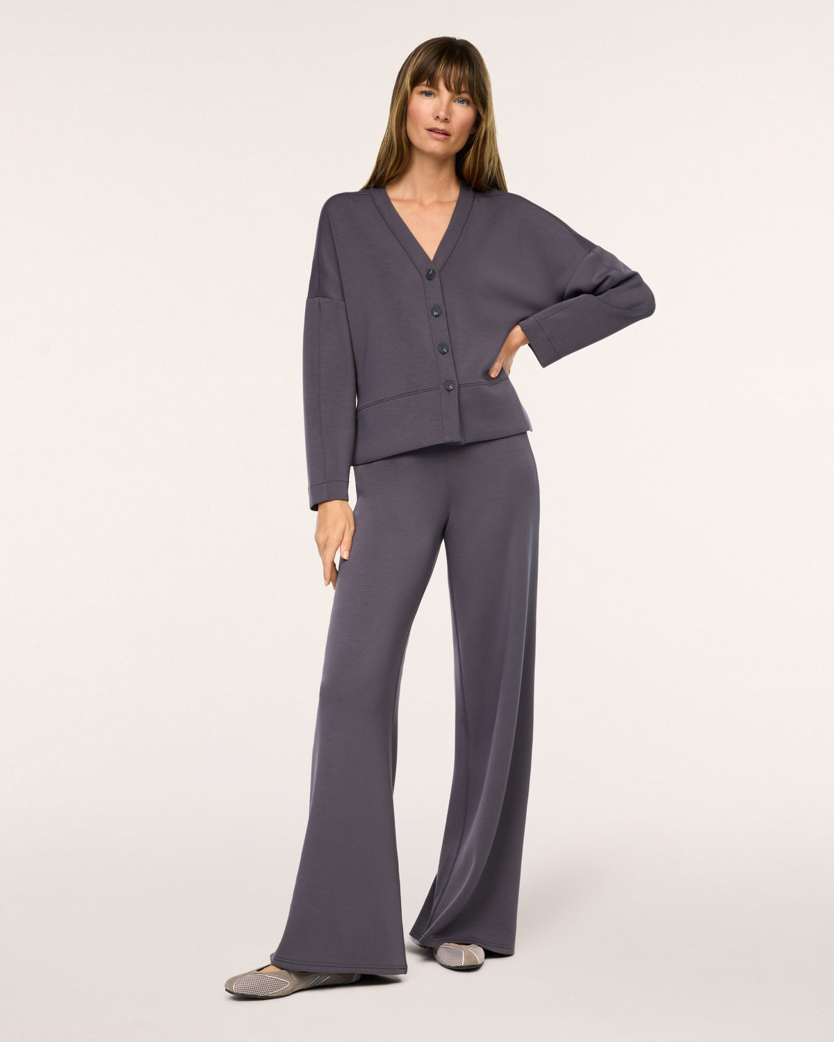 SPANX AirEssentials Cardigan in Dark Slate gray, full-length view styled with matching wide leg pants