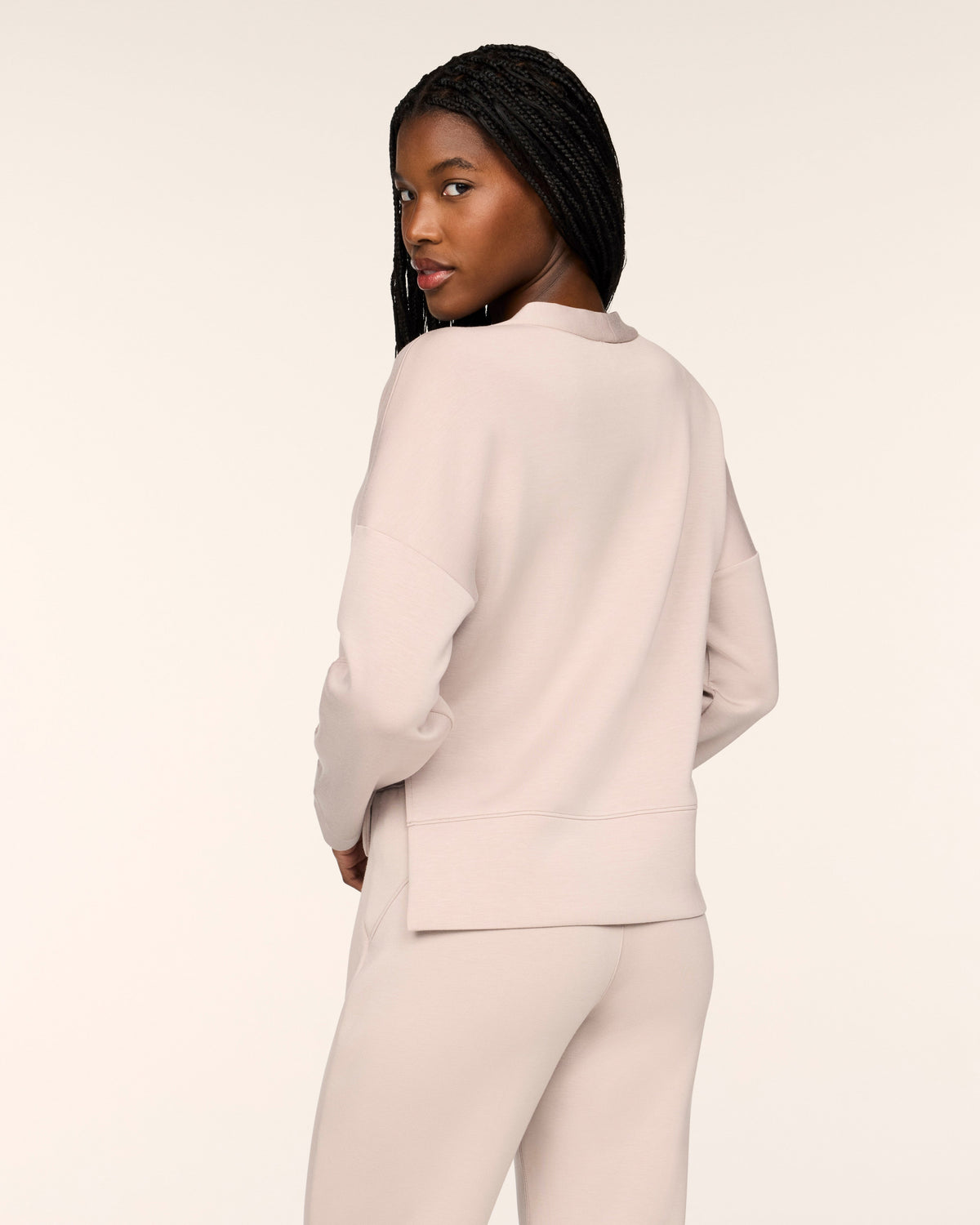 SPANX AirEssentials Cardigan in Mushroom light taupe, back view showing the hip-length relaxed fit