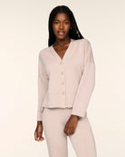 SPANX AirEssentials Cardigan in Mushroom light taupe, front view of the V-neck button-front relaxed fit