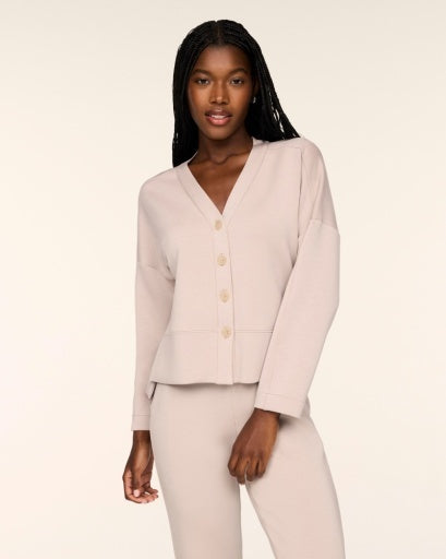 SPANX AirEssentials Cardigan in Mushroom light taupe, front view of the V-neck button-front relaxed fit