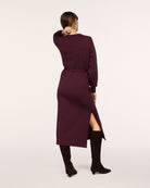 SPANX AirEssentials Long Sleeve Tie-Waist Maxi Dress in Fig Noir Heather plum, back view showing the side slit