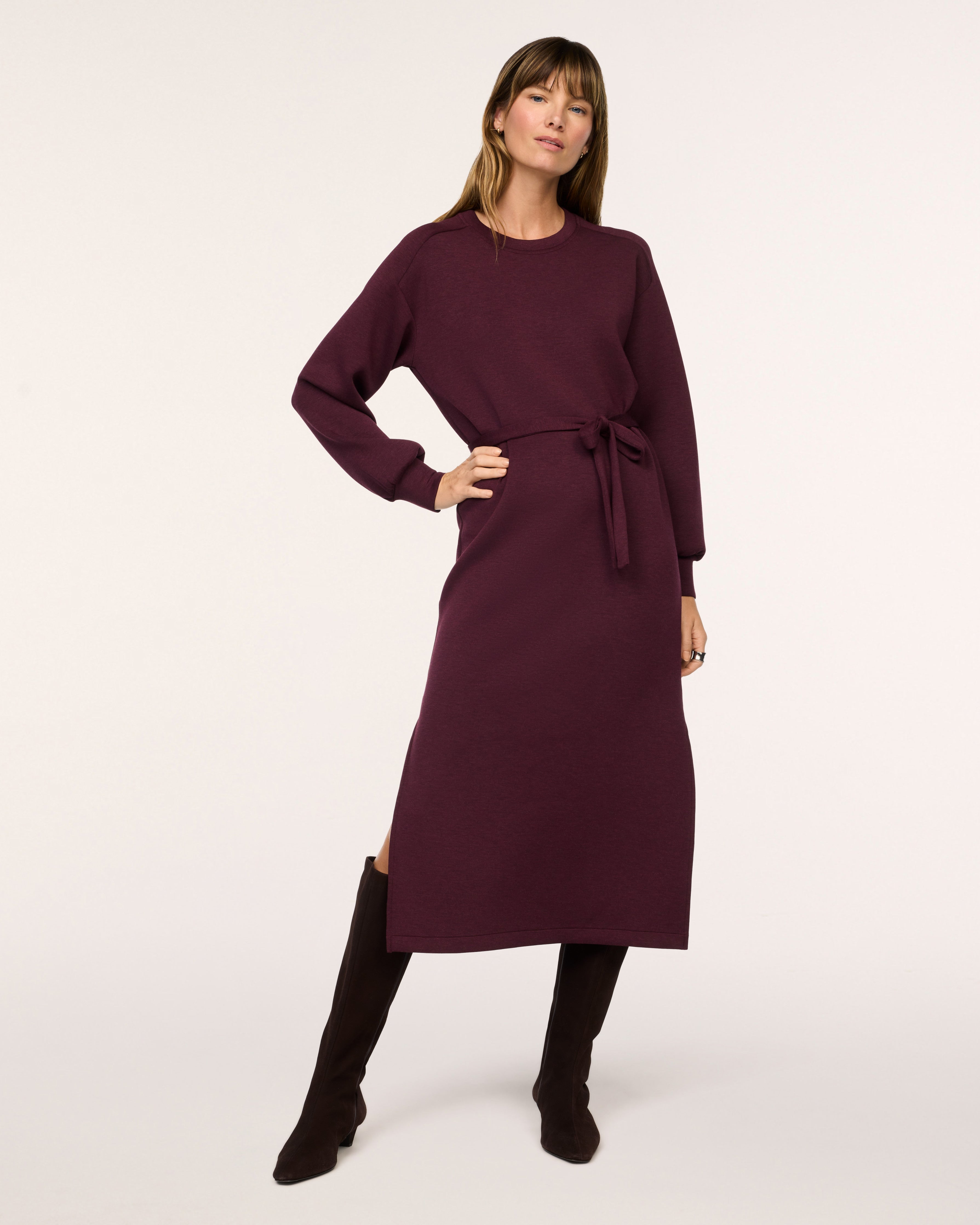 SPANX AirEssentials Long Sleeve Tie-Waist Maxi Dress in Fig Noir Heather plum, front view belted and styled with tall boots