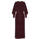 Flat illustration of the Spanx AirEssentials Long Sleeve Tie-Waist Maxi Dress in Fig Noir Heather, a deep plum heather maxi with crew neckline, long raglan sleeves with banded cuffs and a self-tie waist belt