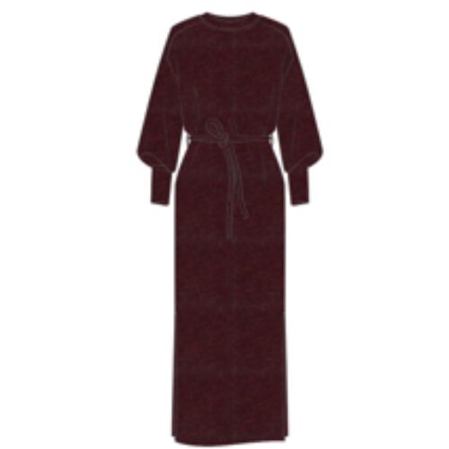 Flat illustration of the Spanx AirEssentials Long Sleeve Tie-Waist Maxi Dress in Fig Noir Heather, a deep plum heather maxi with crew neckline, long raglan sleeves with banded cuffs and a self-tie waist belt