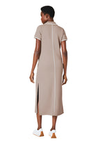 Spanx AirEssentials Pique Polo Midi Dress in taupe, short sleeve midi with white piping and back slit, back view