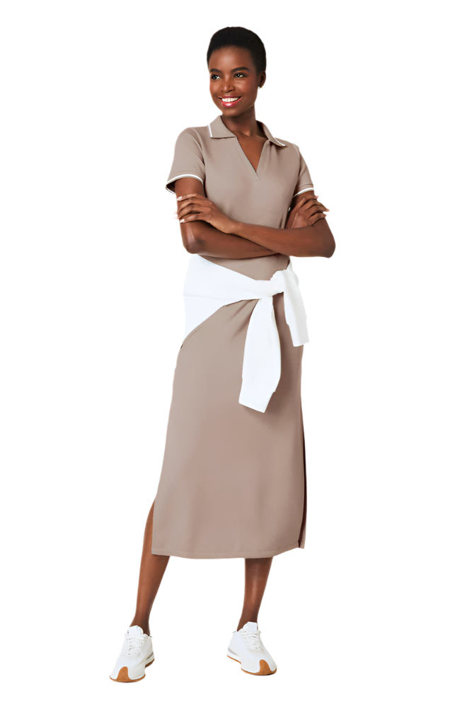 Spanx AirEssentials Pique Polo Midi Dress in taupe, polo collar shirt dress with side slits, front view